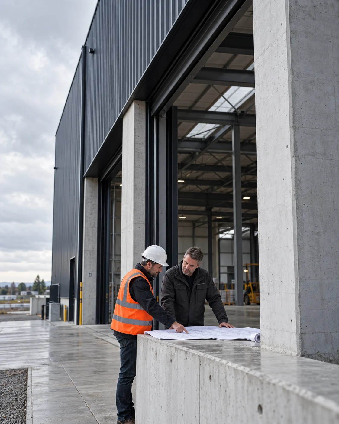 Deux professionnels échangent autour d’un plan sur un site industriel. Illustration générée.