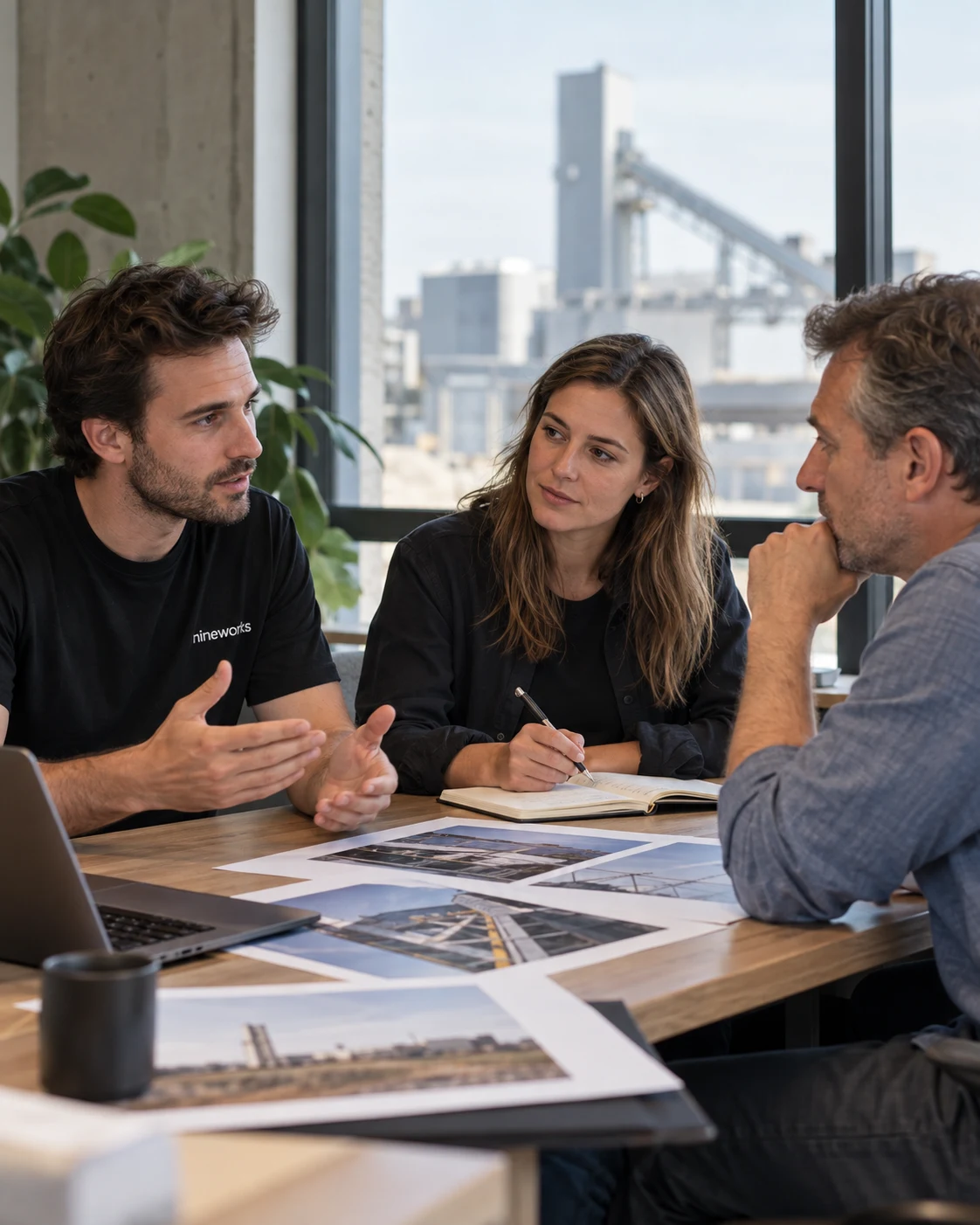 Rendez-vous discovery entre deux consultants NineWorks et un dirigeant d’entreprise technique. Illustration générée.