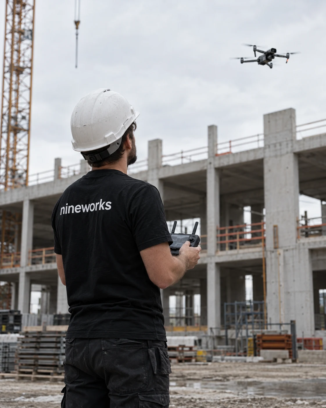 Un opérateur NineWorks filme un chantier avec un drone. Illustration générée.
