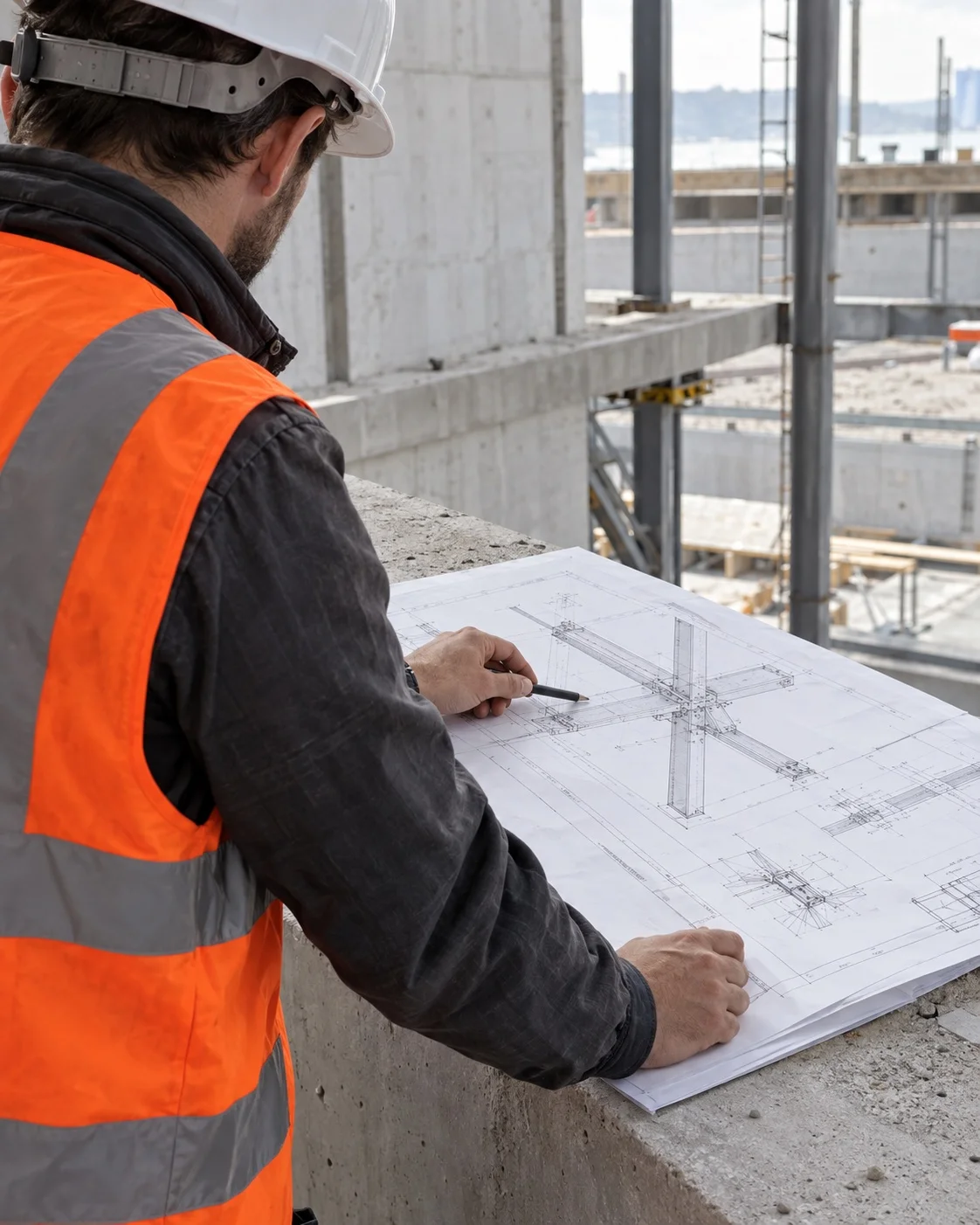 Un professionnel examine un plan sur un chantier, illustration éditoriale générée.